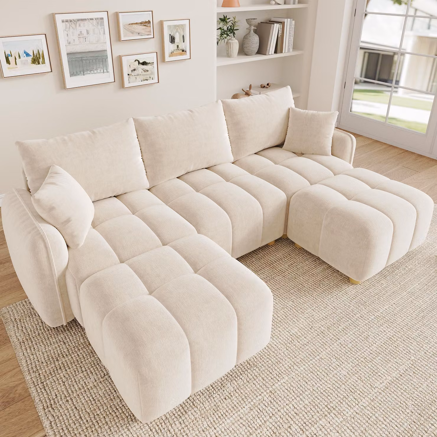 Divano angolare modulare Merax a forma L/U, divano componibile "Cloud" per 5 persone, con 2 poggiapiedi, divano in velluto con cuscini, braccioli ampi, divano per soggiorno, color beige