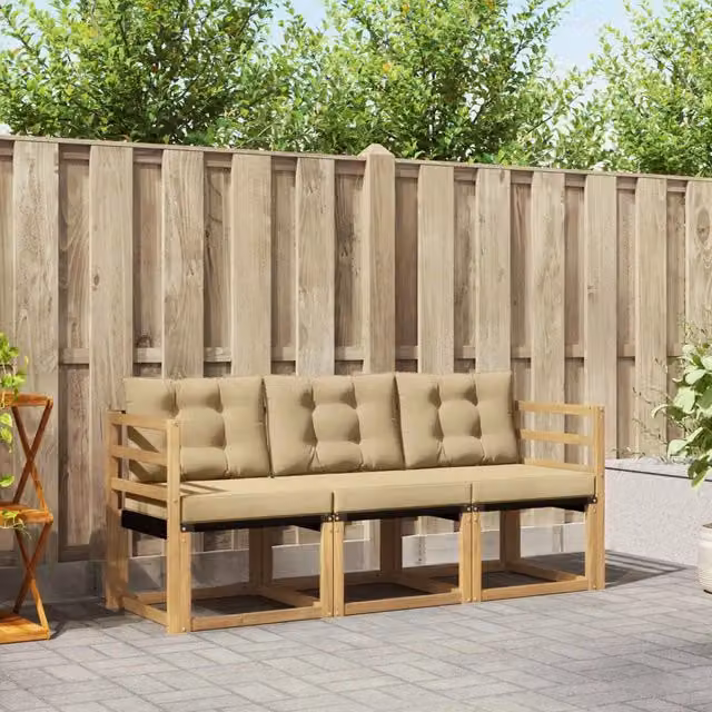 Set di divani da esterno 3 posti vidaXL in legno di acacia con cuscini Bianco e Beige – 1