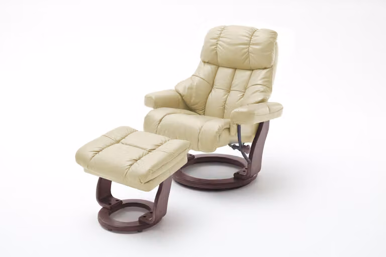 MCA Poltrona relax Calgary XXL, sgabello per poltrona TV, vera pelle portata 180 kg ~ crema, aspetto noce