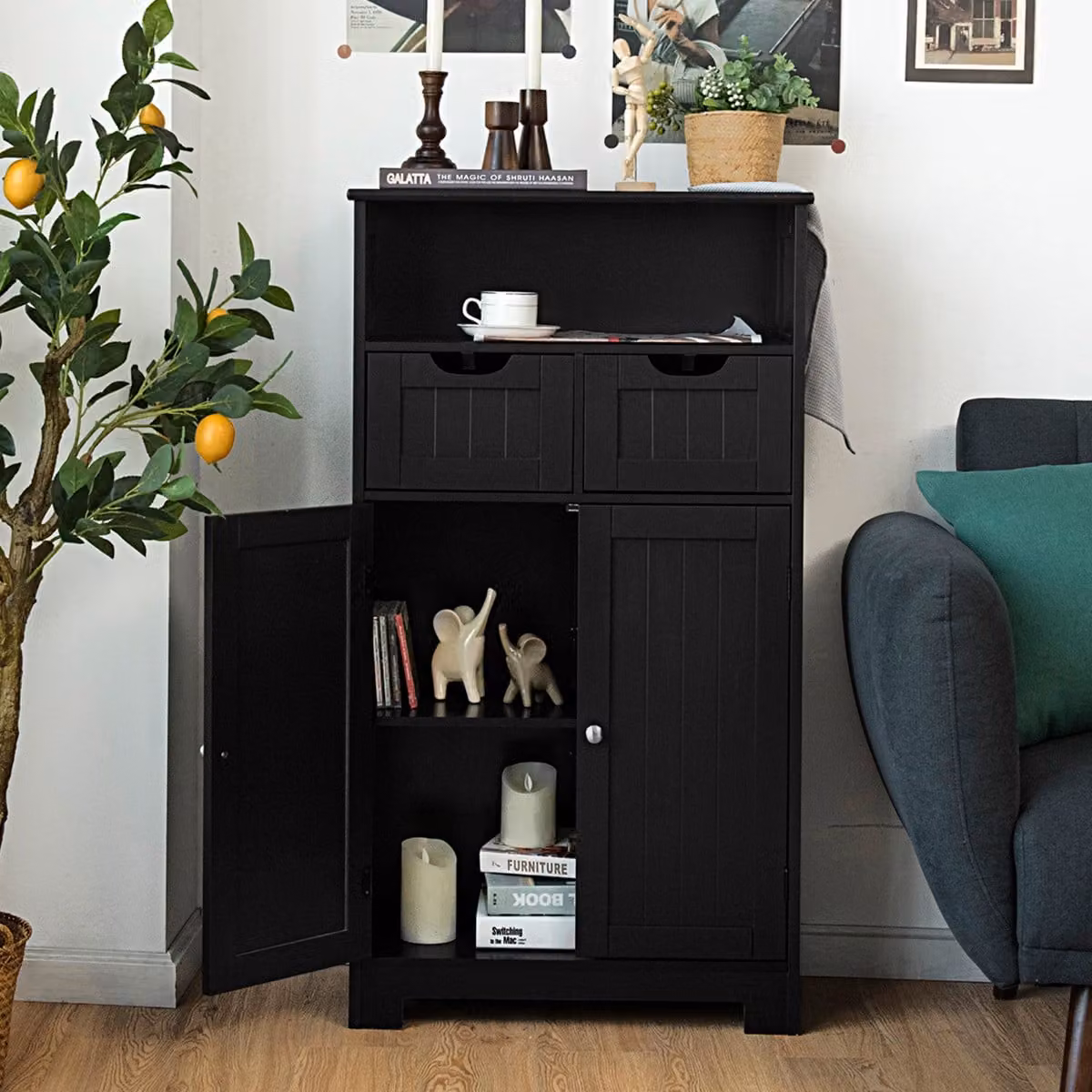 Armadio da bagno e credenza per cucina Costway con mensola aperta, 2 ante e 2 cassetti, Nero
