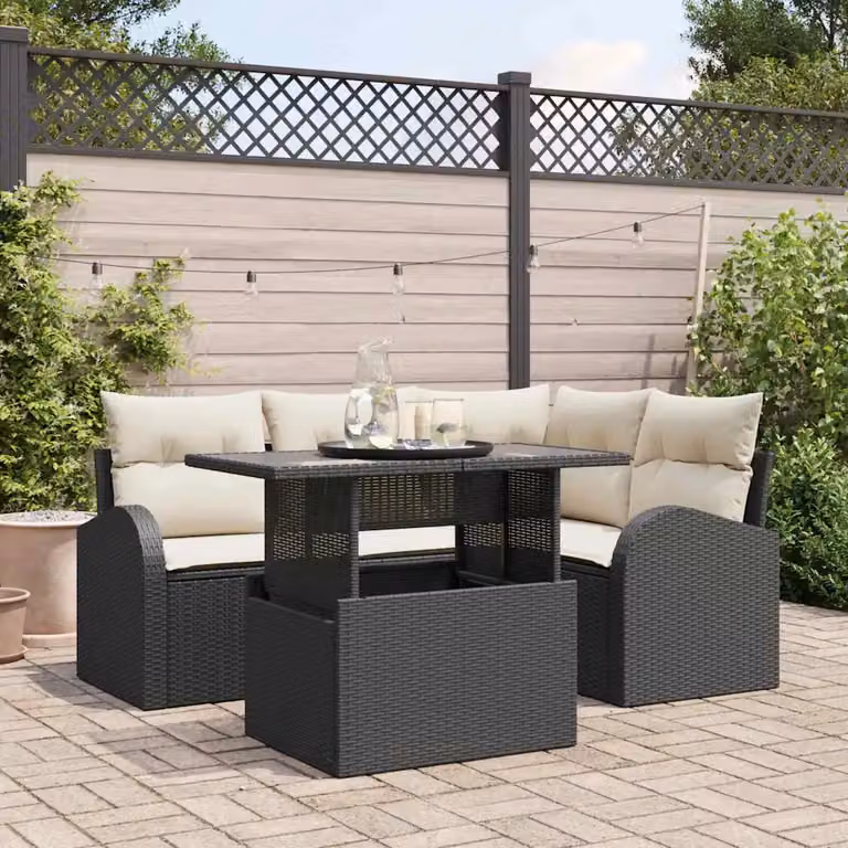 Set Divano da Giardino vidaXL 5 Pezzi a Forma di L in Polyrattan Nero e Beige con Cuscini e Tavolino