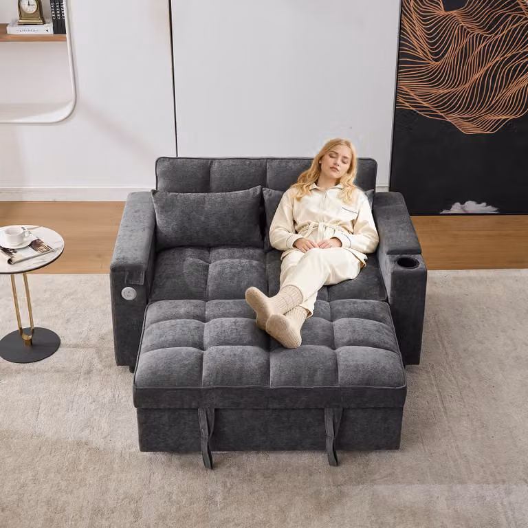 MODFU Divano multifunzionale, divano letto 2 posti, divano con schienale regolabile, divano relax con tavolino nascosto e portabicchieri, grigio