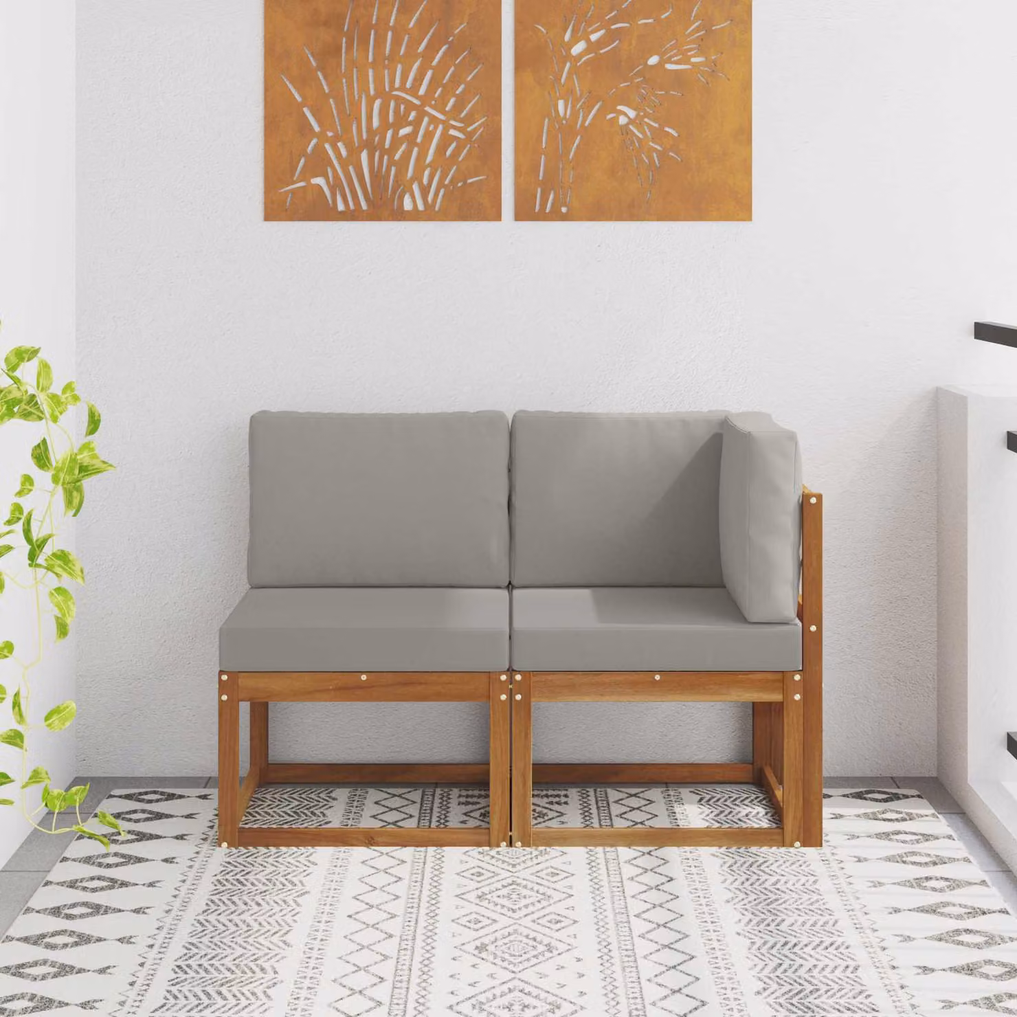 Set di 2 pezzi divano modulare angolare da esterno vidaXL in legno di acacia con cuscini in tessuto grigio e marrone
