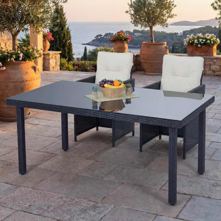 Tavolo da giardino in poly-rattan Cava, tavolo da pranzo con piano in vetro, 160x90x74cm ~ antracite
