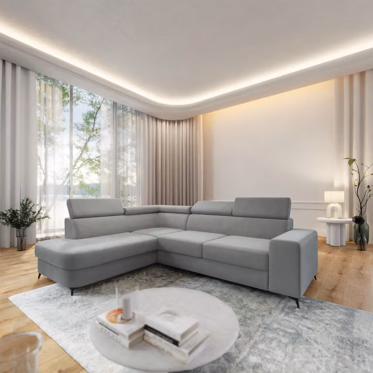 Divano ad angolo Masseno ALVORO L-S con funzione letto a L, divano con contenitore, divano da salotto, divano, divano letto, set divani - Grigio chiaro, MATT VELVET 83