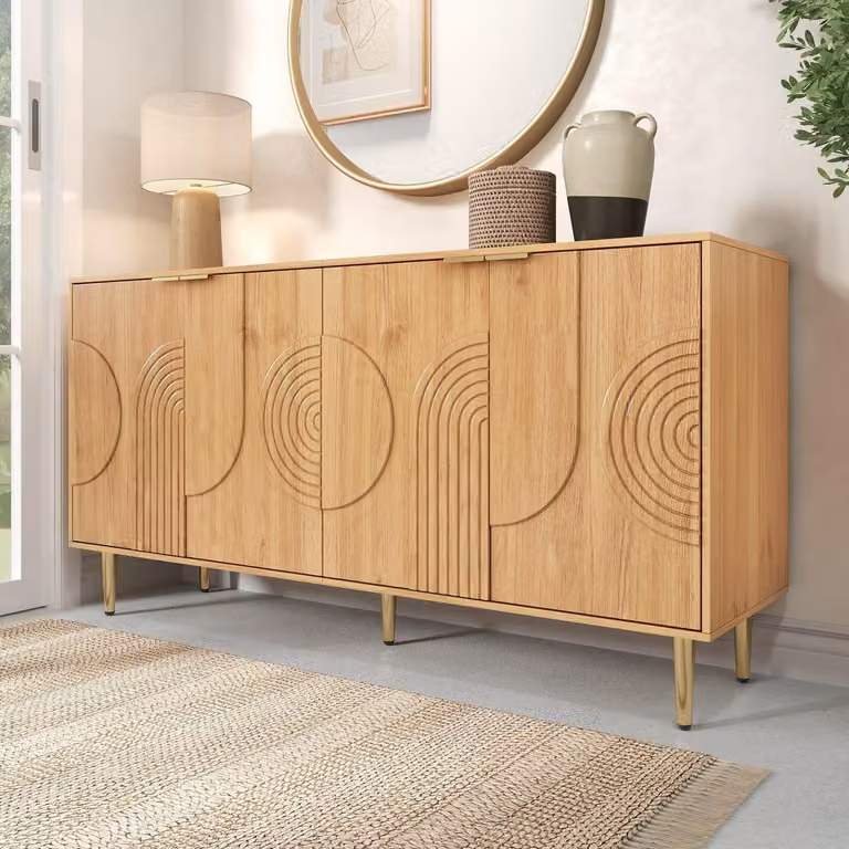 Mobile contenitore con 4 ante, ripiani regolabili, dimensioni 140x40x72 cm, finitura in legno