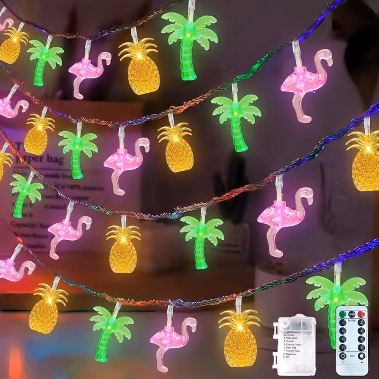 Catena luminosa a LED, 3 metri, 20 LED, con motivi di ananas e fenicotteri, alimentata a batteria