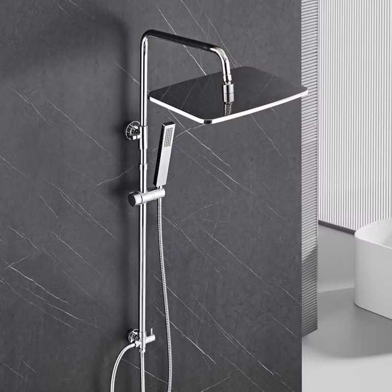 Sistema doccia cromato, dimensioni 35x25 cm, barra regolabile da 74 a 114 cm