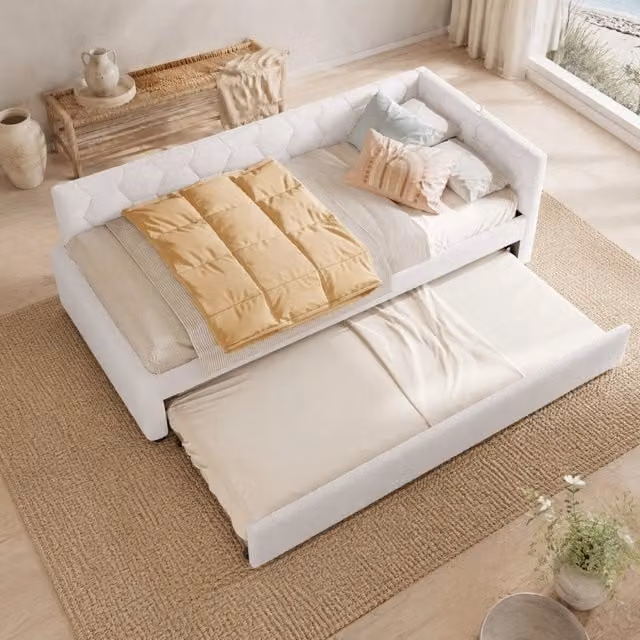 Divano letto moderno con letto estraibile, luce notturna e porte USB, bianco, L/P/H: 90 x 200 cm