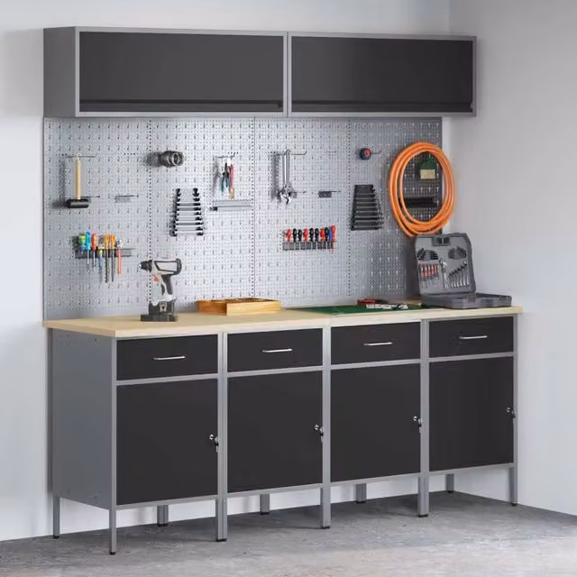 Set di mobili da lavoro vidaXL in acciaio e legno con cassetto con blocco, 10 pezzi, Nero