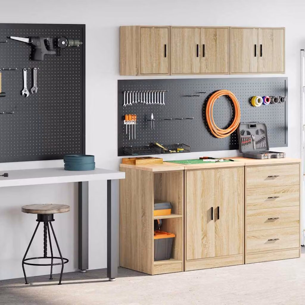 Set di 2 armadi da garage vidaXL in legno multistrato color marrone con ante a battente e ripiani interni