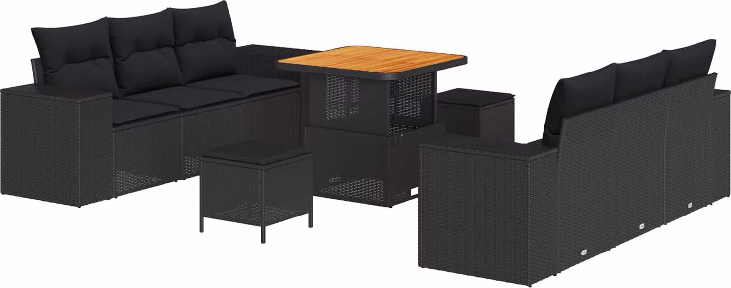Set Divano da Giardino con cuscino 9 pcs Nero Poly Rattan
