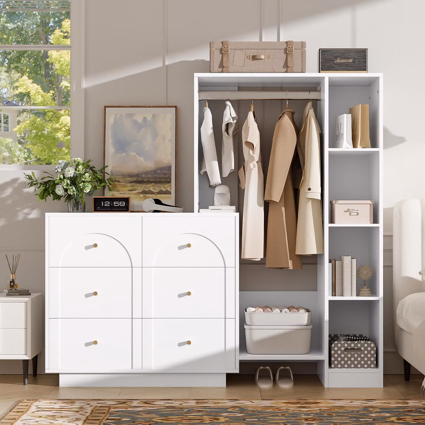 Armadio moderno multifunzionale con asta appendiabiti, 6 cassetti e ripiani laterali, appendiabiti aperto, comò 139x35x133 cm, bianco
