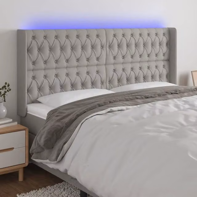 Testiera con LED e porta USB vidaXL in tessuto grigio, L: 203 cm, P: 16 cm, H: 118/128 cm