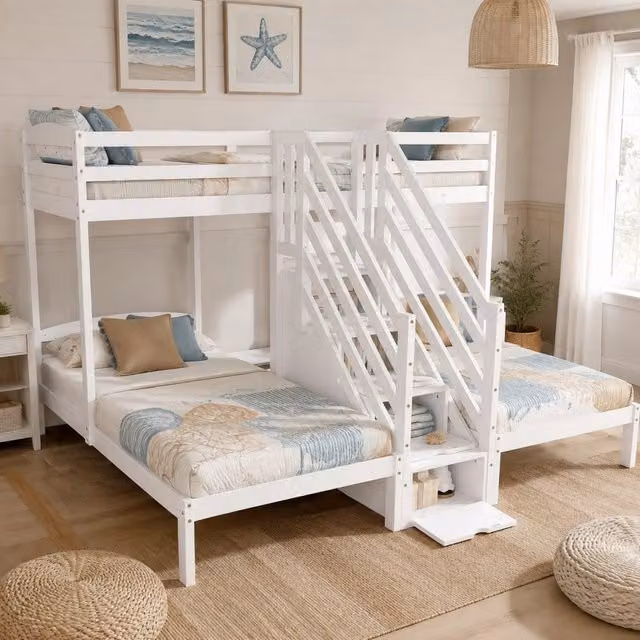 Desviae Letto a soppalco per bambini 90 × 200 cm a 3 posti in legno bianco con scala contenitore cassetti e sponde