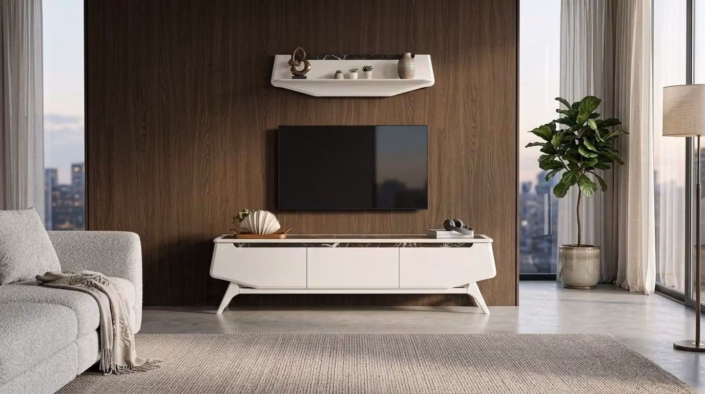 Mobile parete, credenza, libreria per soggiorno, stile moderno, colore beige, funzionale