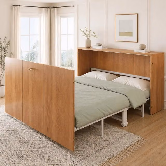 Letto a scomparsa 140 x 200 cm con materasso in lino, struttura in legno e metallo