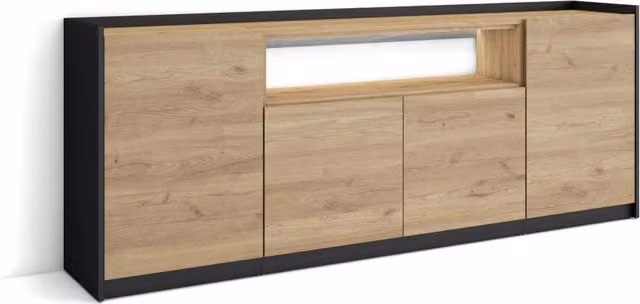 Credenza, Mobile, Cucina, 207x80x37 cm, 4 Porte, LED, Rovere e nero