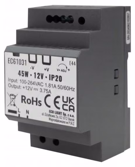 Alimentatore su guida DIN 12V 45W IP20 PREMIUM Eco Light EC61031