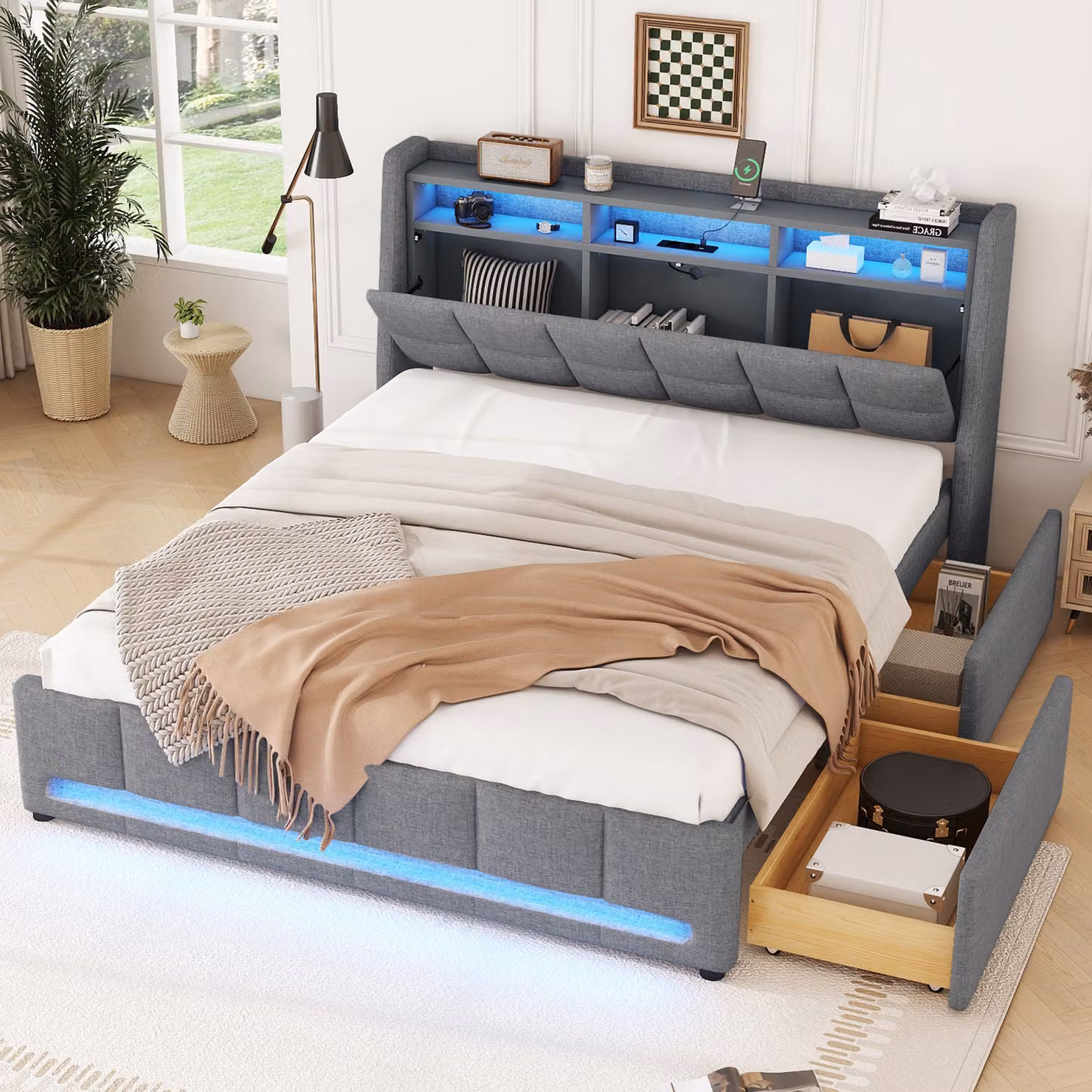 Letto matrimoniale imbottito okwish 140 x 200 cm con porta di ricarica USB e telecomando tramite app, letto funzionale con vano contenitore nella testiera (senza materasso) - grigio