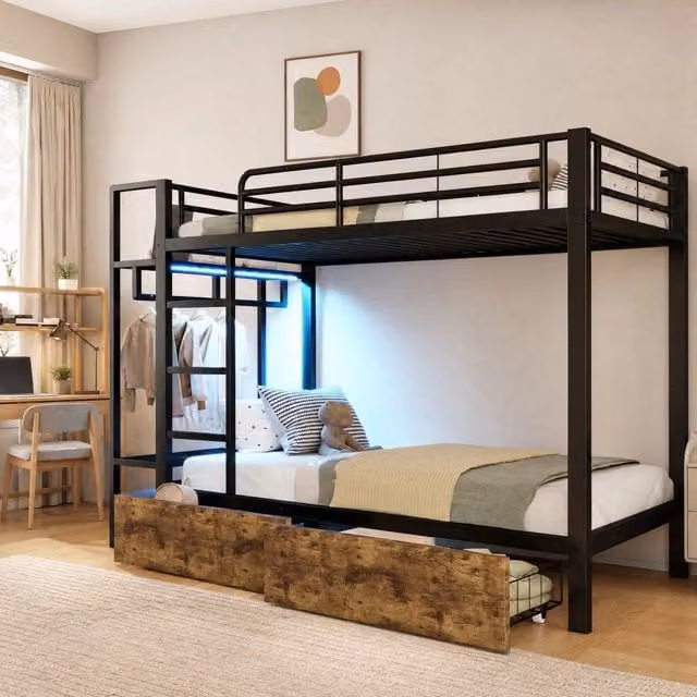 Letto a castello ULEVR 90x200 cm con LED controllabile tramite app, 2 cassetti e ripiani, nero