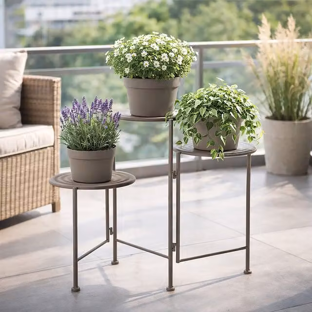 Portavasi in metallo per 3 piante color marrone opaco, ideale per balcone e terrazzo, L: 71 cm, P: 50 cm, H: 21 cm