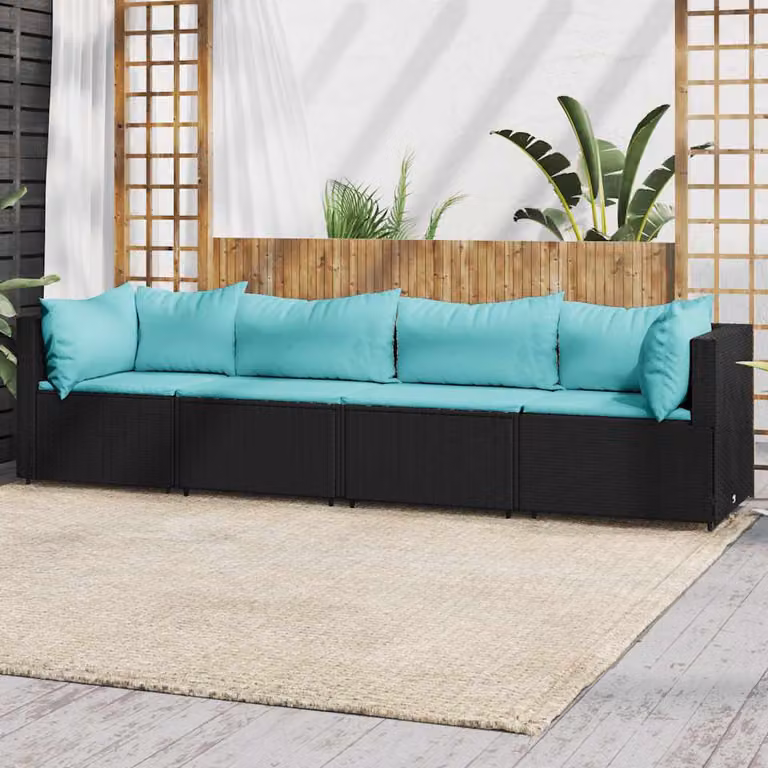Set di divani da giardino vidaXL in polyrattan nero con cuscini e struttura in acciaio rivestito in polvere