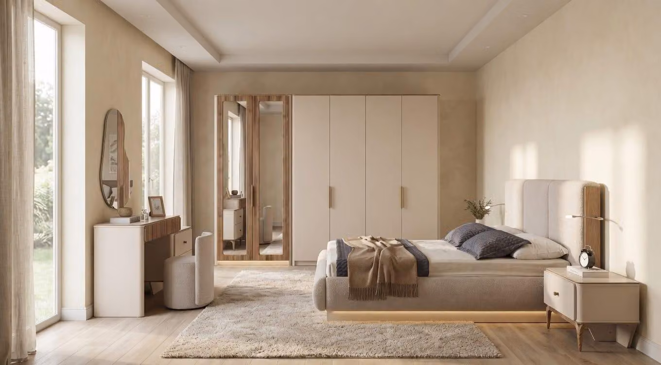 Set completo per camera da letto moderno: armadio, letto, comò da trucco, in legno color beige