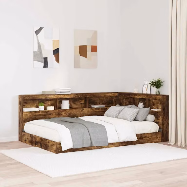 Testata del letto con contenitore vidaXL in legno ingegnerizzato e metallo, colore marrone, con ripiano integrato e porta di ricarica USB, L/P/H: 207.5 x 137.5 x 76.5 cm