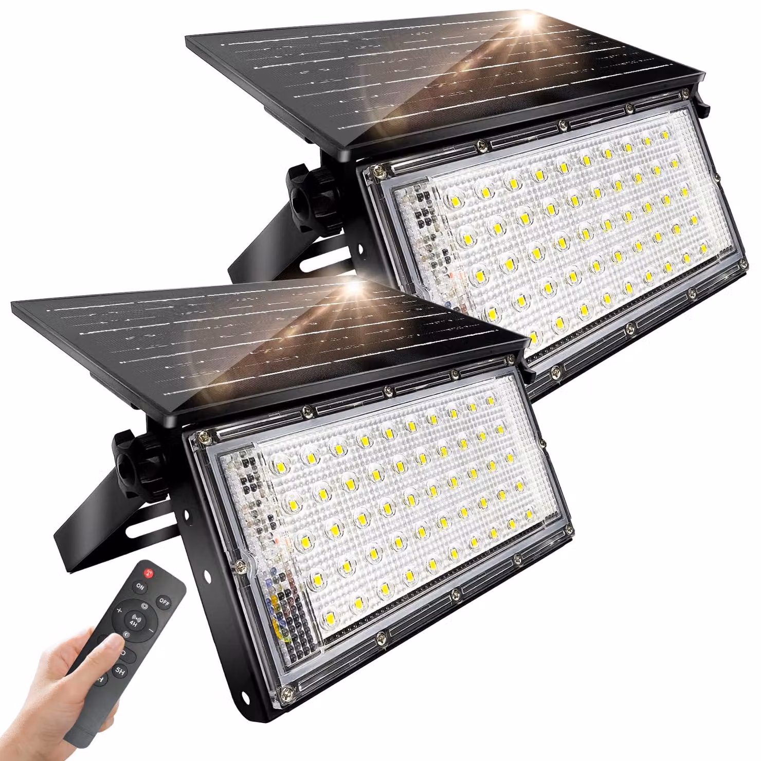 Lampade solari da esterno, potenza 50W, confezione da 2, grado di protezione IP65, dimmerabili, con telecomando, 5000 lumen