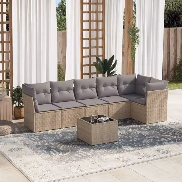 vidaXL Set Divani da Giardino 7 pz in Polyrattan con Cuscini Beige e Tavolino da Esterno