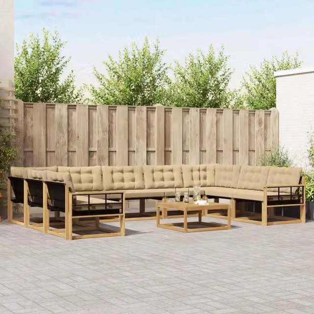 Set di divani da esterno a forma di U vidaXL in legno di acacia con tavolino e cuscini, Bianco e Beige