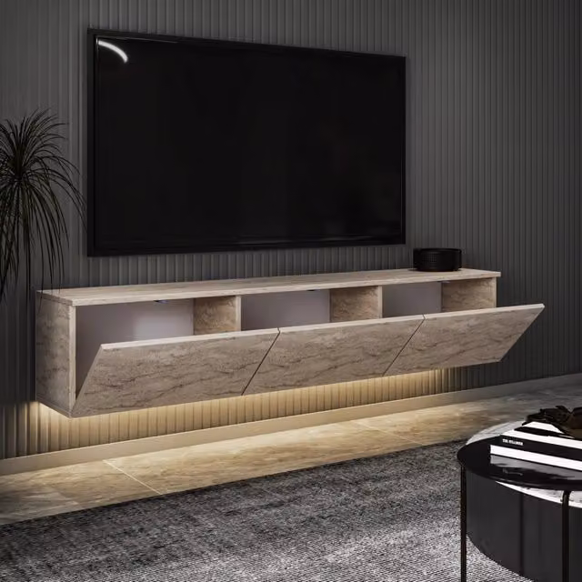 DMORA Mobile Porta TV Carosino con 3 Vani, Colore Beige Marmo, L 160 cm x P 32 cm x H 35 cm