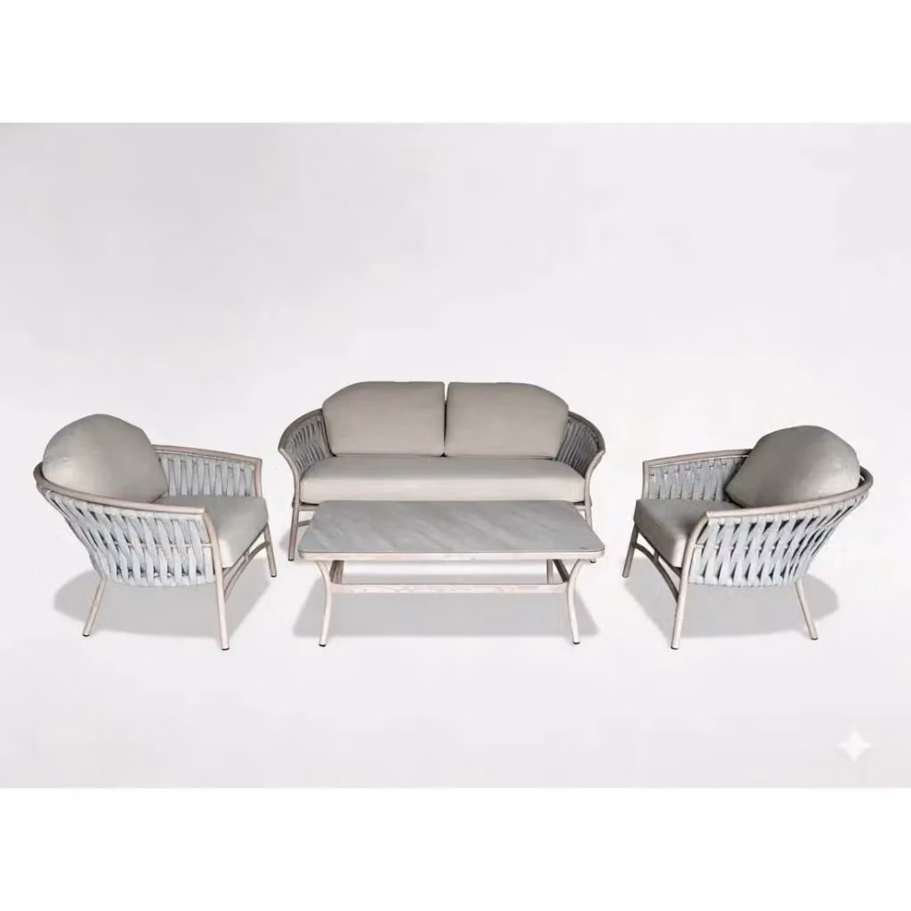 Set da giardino moderno Meublorama composto da divano a 2 posti, poltrone lounge e tavolino con struttura in alluminio verniciato beige e cuscini in tessuto resistente ai raggi UV – 2