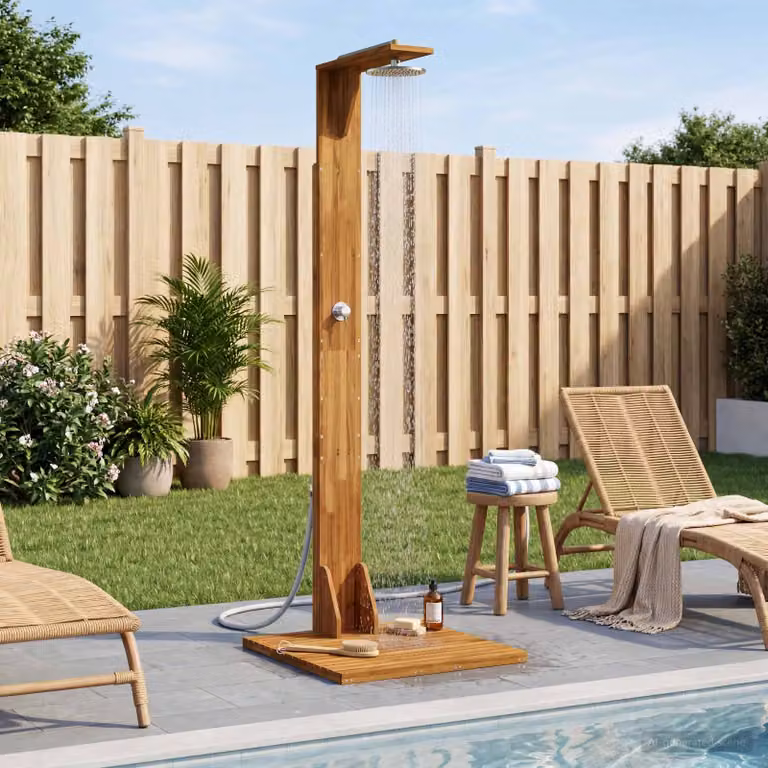 Doccia da esterno vidaXL in legno e acciaio inossidabile, colore marrone, L: 219 cm