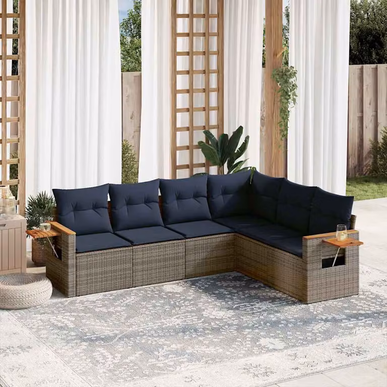 Set di divani da giardino vidaXL a forma di L composto da 6 pezzi con cuscini grigi in polyrattan e legno di acacia