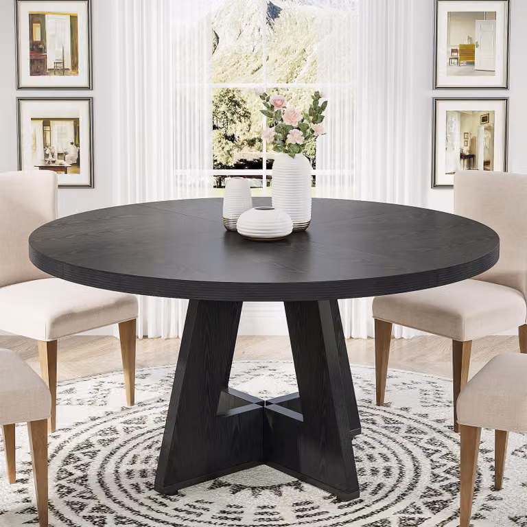 Tavolo da pranzo rotondo in legno Tribesigns, 120 cm, tavoli da sala da pranzo per 4 persone, tavolo da cucina in stile rustico con piano in legno e base a croce, nero (tavolo)