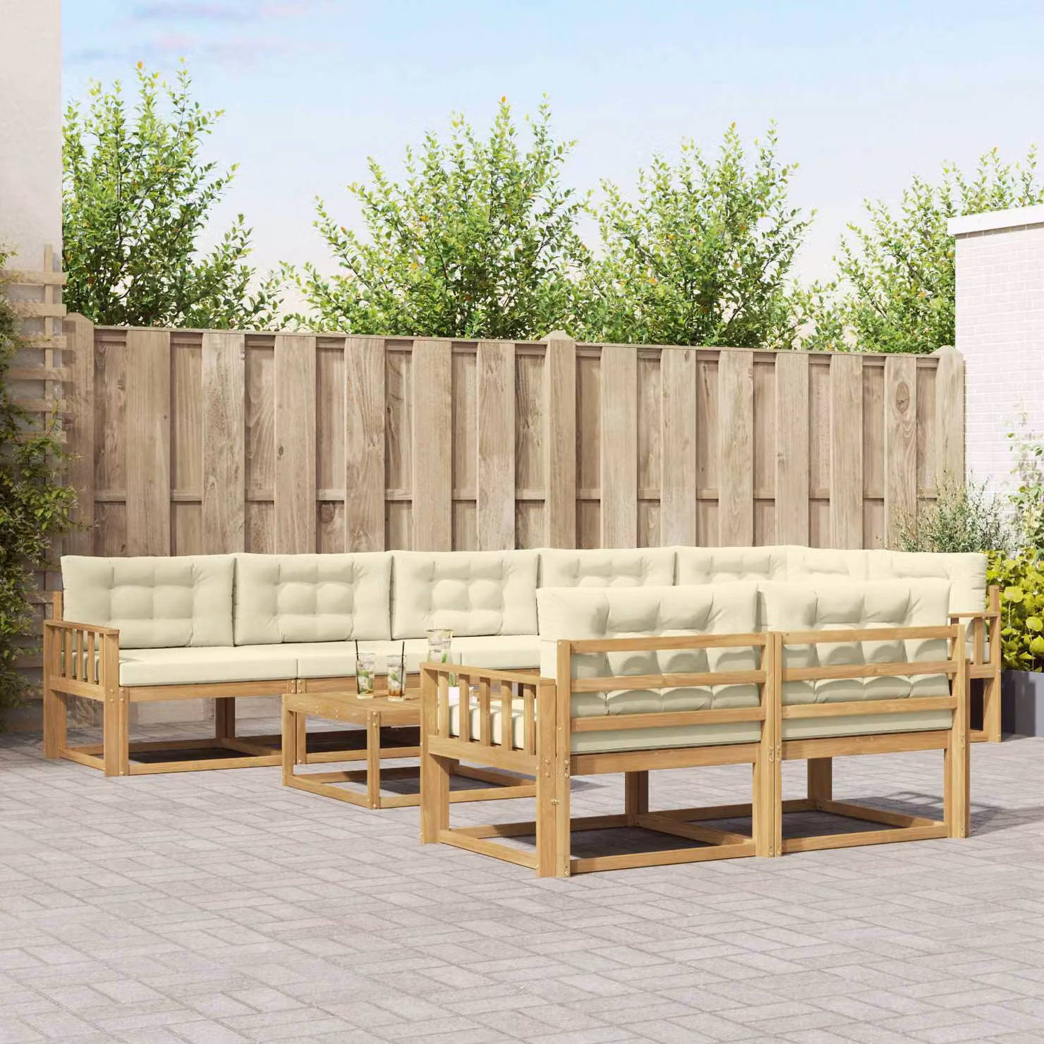 Set di divani da esterno vidaXL a forma di U composto da 9 pezzi in legno di acacia con cuscini in poliestere bianco, beige e marrone