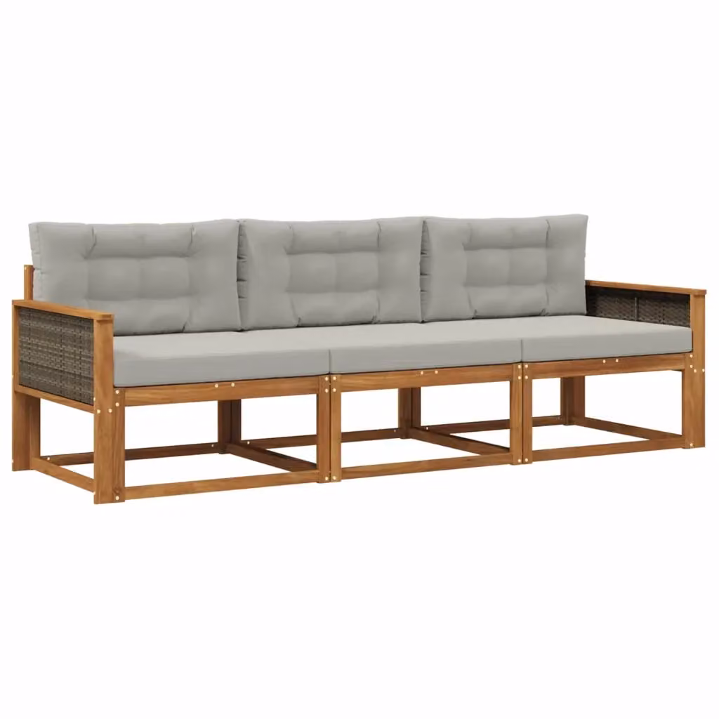 Set di divani da esterno 3 posti vidaXL in legno di acacia con cuscini, Marrone e Grigio – 2