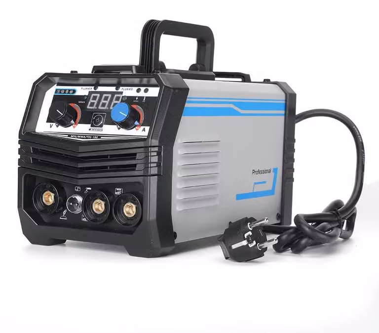 Saldatrice MIG/MMA/TIG - MIG/MMA/TIG-180 - 220 V CC - 20–120 A - Acciaio inossidabile e Acciaio al carbonio - Leggera e portatile - Nera