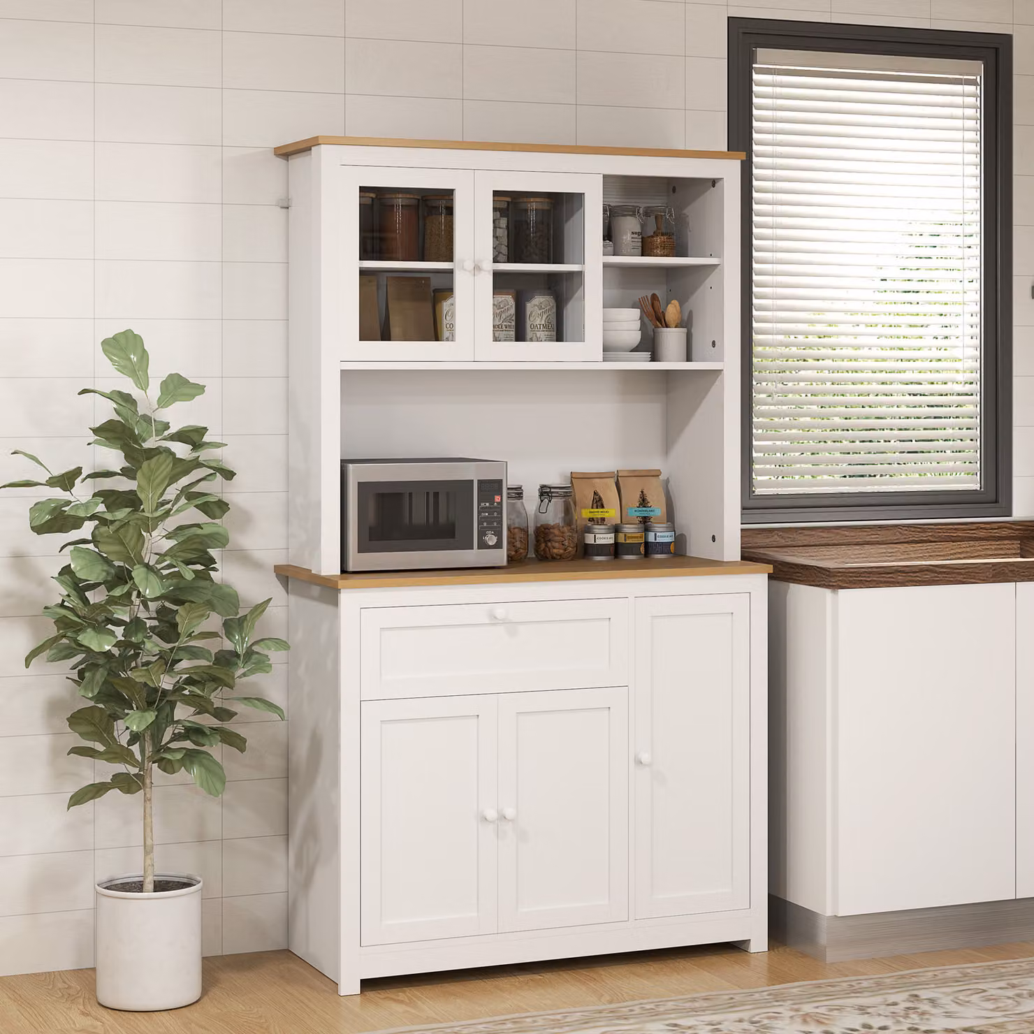 Mobile da cucina HOMCOM in stile country con vetrina, ripiano aperto, cassetto e armadietti, colore naturale e bianco – 2