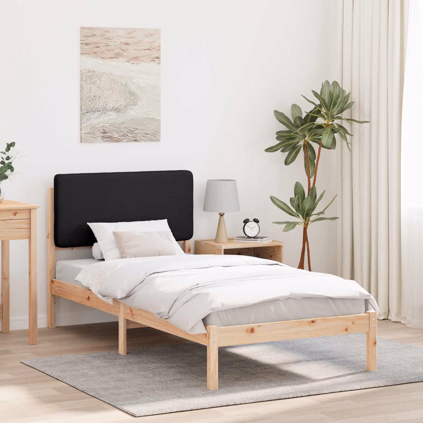 Letto con testiera rivestita vidaXL in pino massello nero L/P/H: 205.5 x 90 x 95.5 cm
