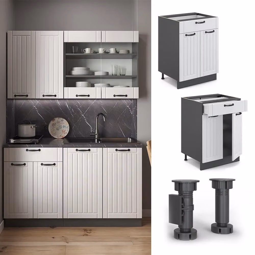 Mobiletto base per cucina Vicco Fame-Line Bianco rustico/Antracite con cassetto, senza piano di lavoro, L: 60 cm – 2