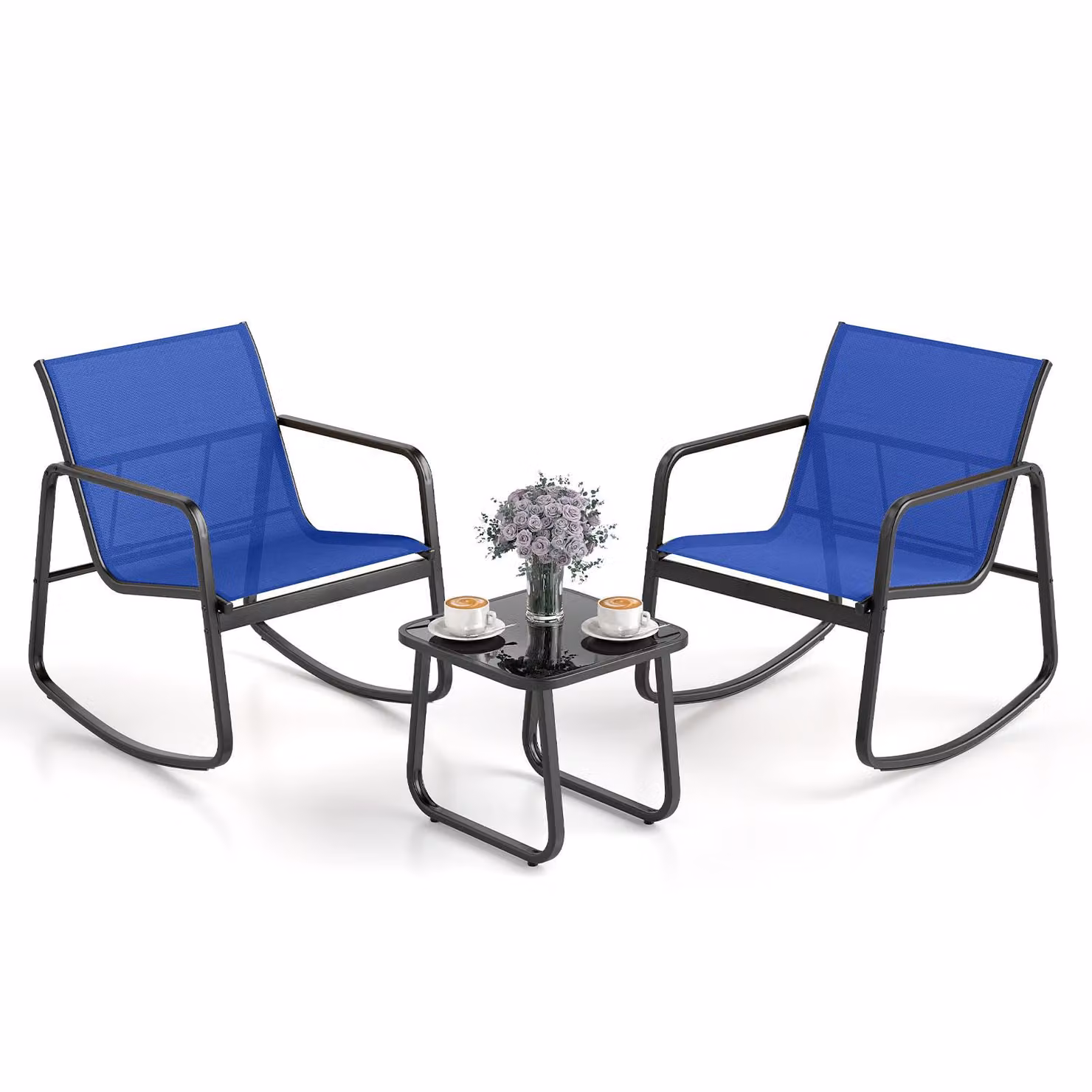 COSTWAY Set di mobili da giardino a 3 pezzi, mobili da balcone con 2 sedie, tavolo e dolce movimento a dondolo, mobili da patio, set da giardino, gruppo di sedute blu