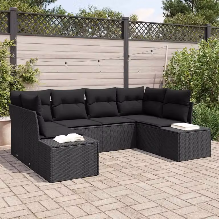 Set Divano da Giardino L-Shape vidaXL in Polyrattan Nero con Cuscini e Struttura in Acciaio