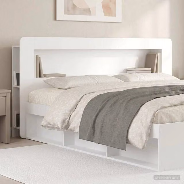 Testata del letto moderna vidaXL in legno ingegnerizzato bianco lucido con ripiani integrati