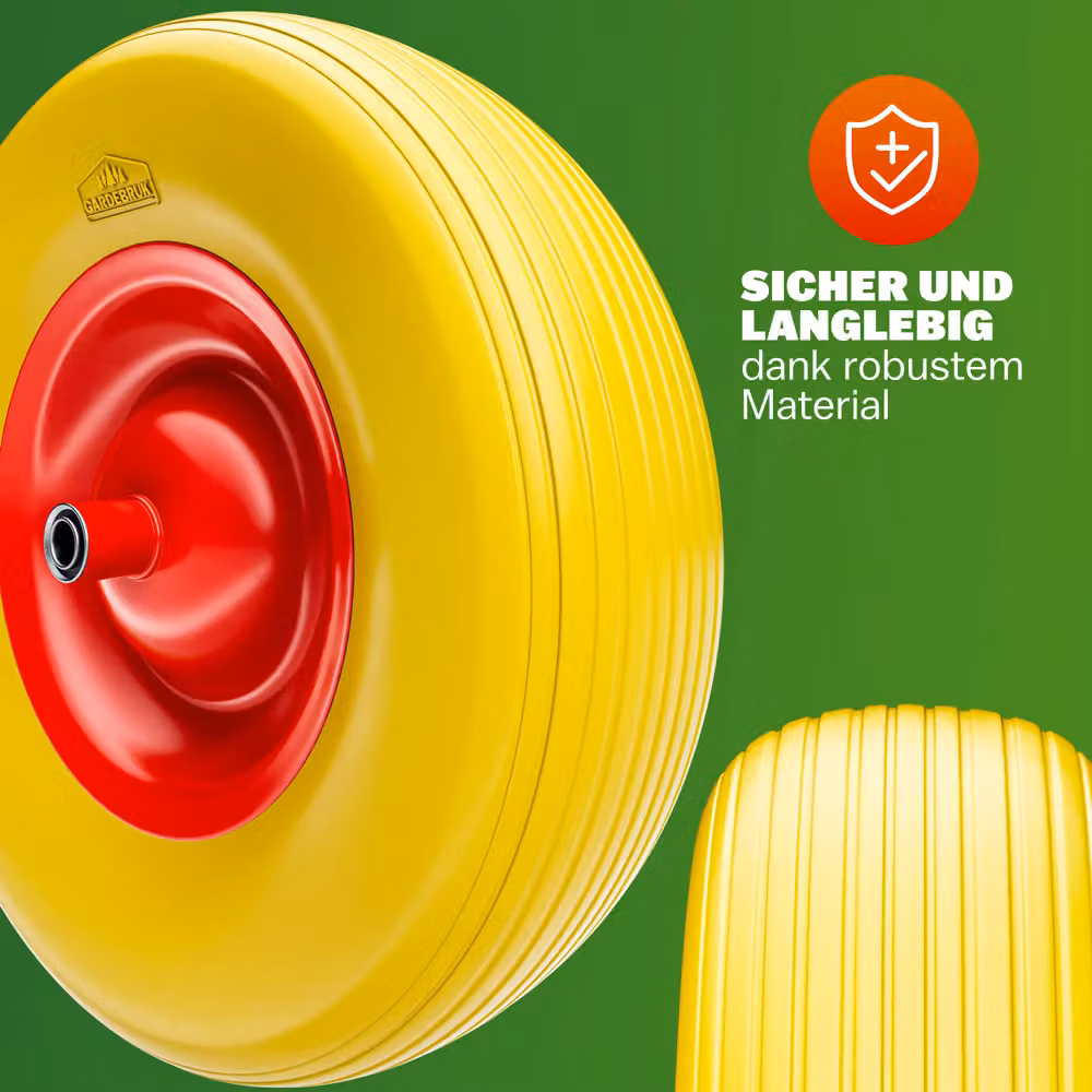 Ruota antiforatura per carriola Gardebruk in gomma PU e acciaio con asse incluso, disponibile in giallo o rosso – 3