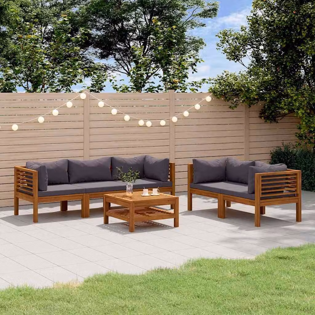 Set di divani da giardino vidaXL in legno massello di acacia con cuscini grigi e tavolino da esterno, design moderno a L, 6 pezzi