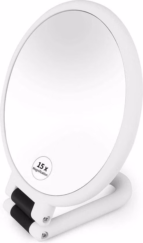 Set doppio di specchi da trucco con ingrandimento 15x, bianco, pieghevole