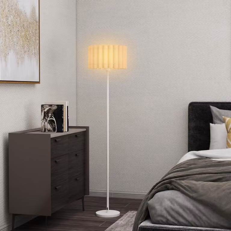 Lampada da terra Moonbite con paralume a onde, diametro 35 cm, altezza 153 cm, attacco E27, interruttore a pedale, lampada da terra di design retrò-moderno, struttura in metallo verniciato, plastica, colore bianco